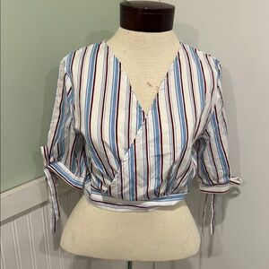 Wrap around crop stripe shirt S blue, white and red short sleeve